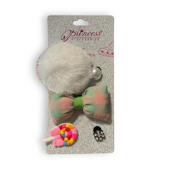 Shoe Croc Charms Set of 5 Pearl, Bling Flower, Lollipop, Bow & Pom Pom - White - Picture 2 of 2